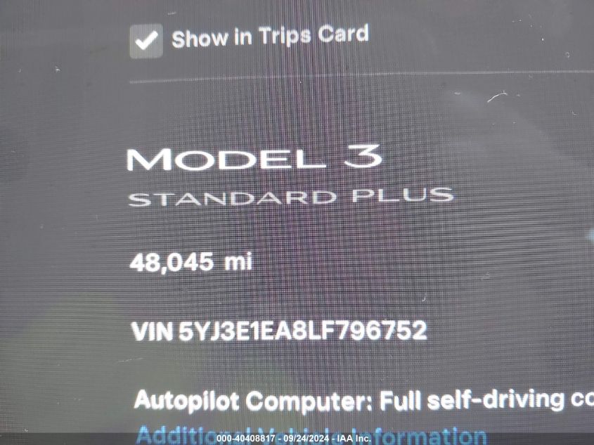 2020 Tesla Model 3 VIN: 5YJ3E1EA8LF796752 Lot: 40408817