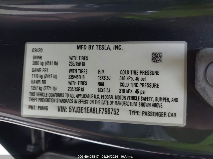 2020 Tesla Model 3 VIN: 5YJ3E1EA8LF796752 Lot: 40408817