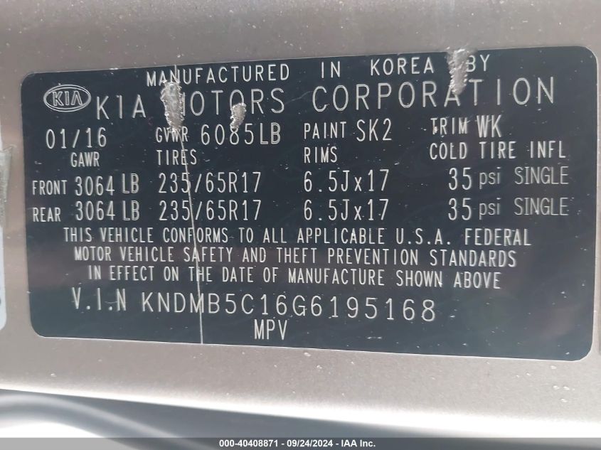 KNDMB5C16G6195168 2016 Kia Sedona Lx