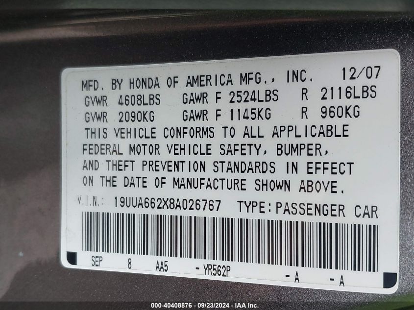 19UUA662X8A026767 2008 Acura Tl 3.2