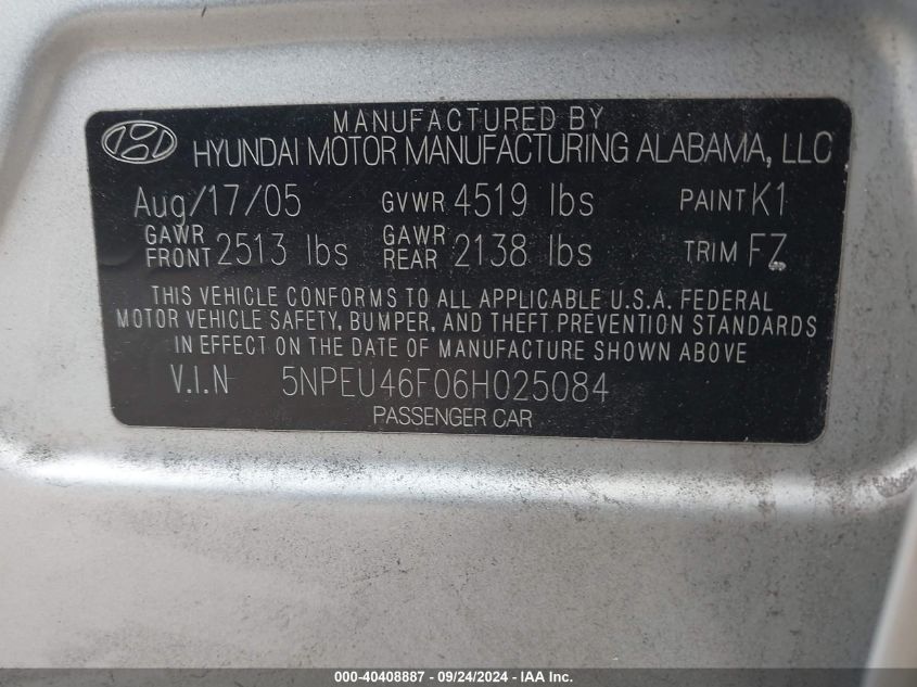 5NPEU46F06H025084 2006 Hyundai Sonata Gls/Lx