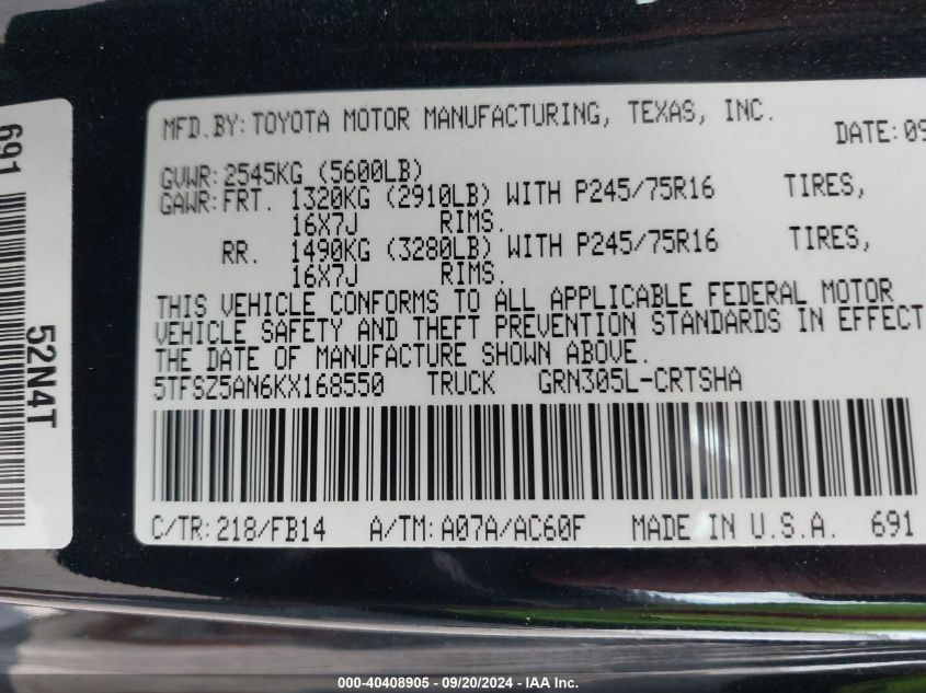 5TFSZ5AN6KX168550 2019 Toyota Tacoma Sr V6