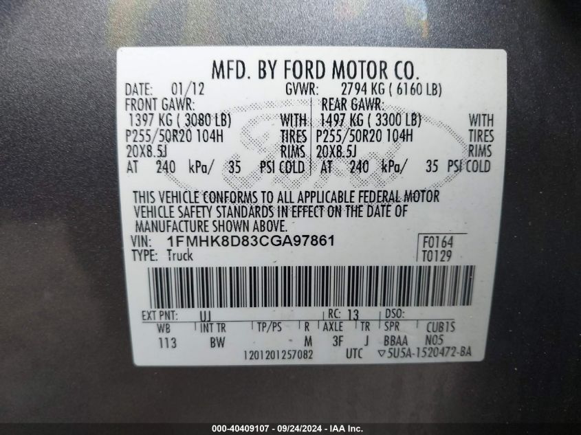 1FMHK8D83CGA97861 2012 Ford Explorer Xlt