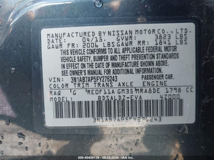 3N1AB7AP5FY276243 2015 Nissan Sentra Sv