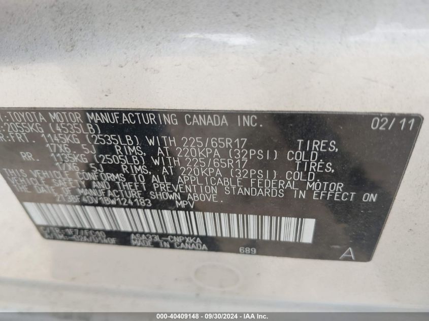 2011 Toyota Rav4 VIN: 2T3BF4DV1BW124183 Lot: 40409148