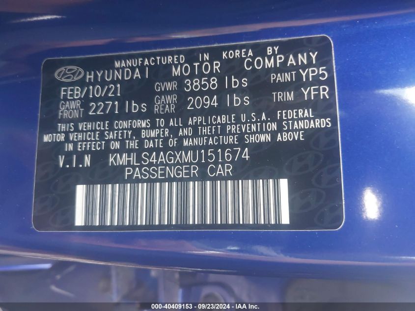 2021 Hyundai Elantra Sel VIN: KMHLS4AGXMU151674 Lot: 40409153