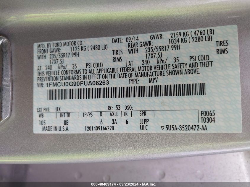 1FMCU0G90FUA08263 2015 Ford Escape Se