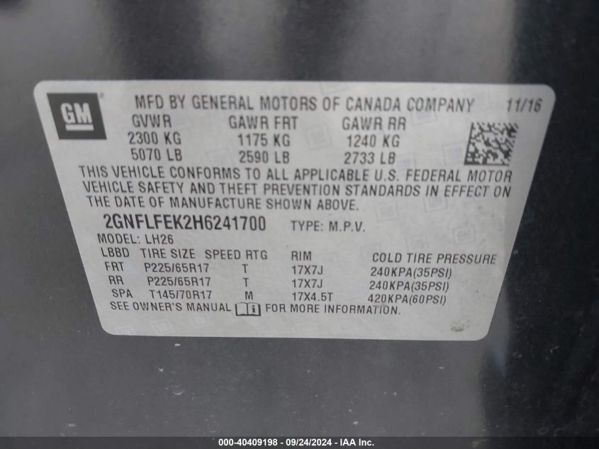 2GNFLFEK2H6241700 2017 Chevrolet Equinox Lt