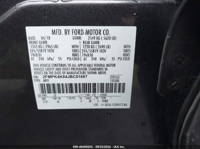 2FMPK4K84JBC01687 2018 Ford Edge Titanium