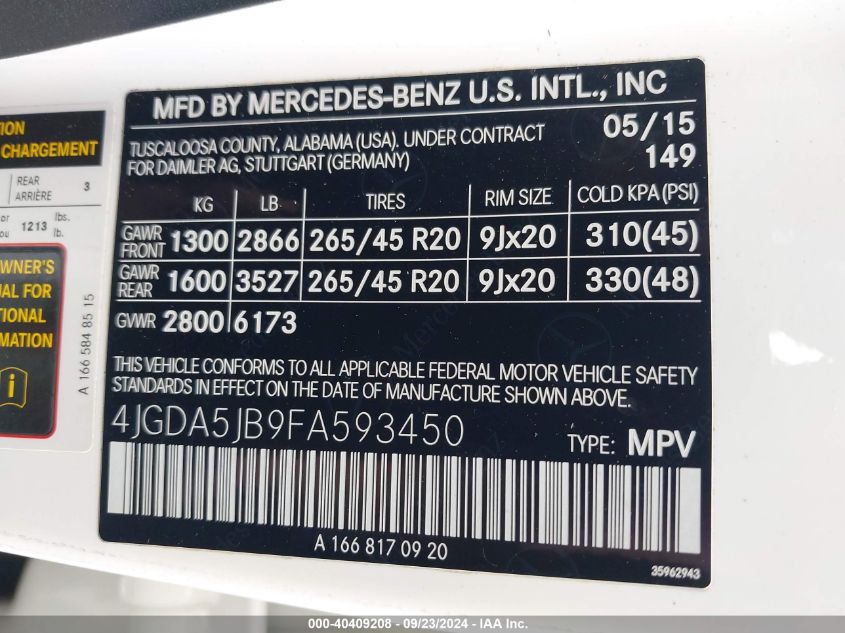 4JGDA5JB9FA593450 2015 Mercedes-Benz Ml 350