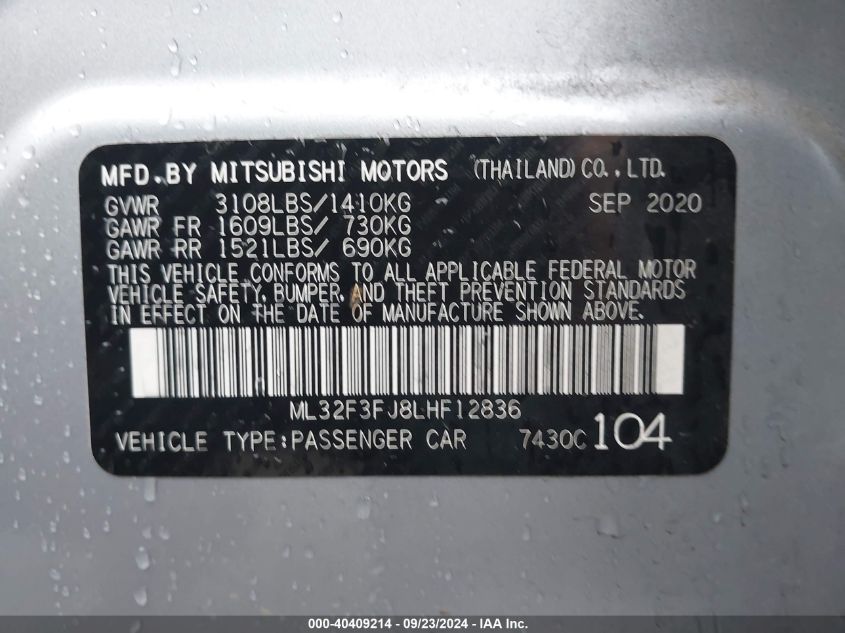 ML32F3FJ8LHF12836 2020 Mitsubishi Mirage G4 Es