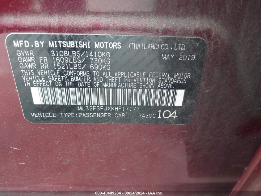 2019 Mitsubishi Mirage G4 Es VIN: ML32F3FJXKHF17177 Lot: 40409234