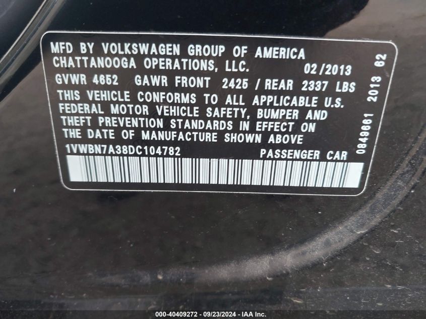 1VWBN7A38DC104782 2013 Volkswagen Passat Se