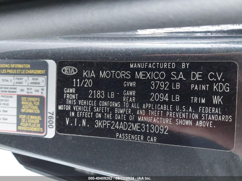 2021 Kia Forte Fe/Lxs VIN: 3KPF24AD2ME313092 Lot: 40409282