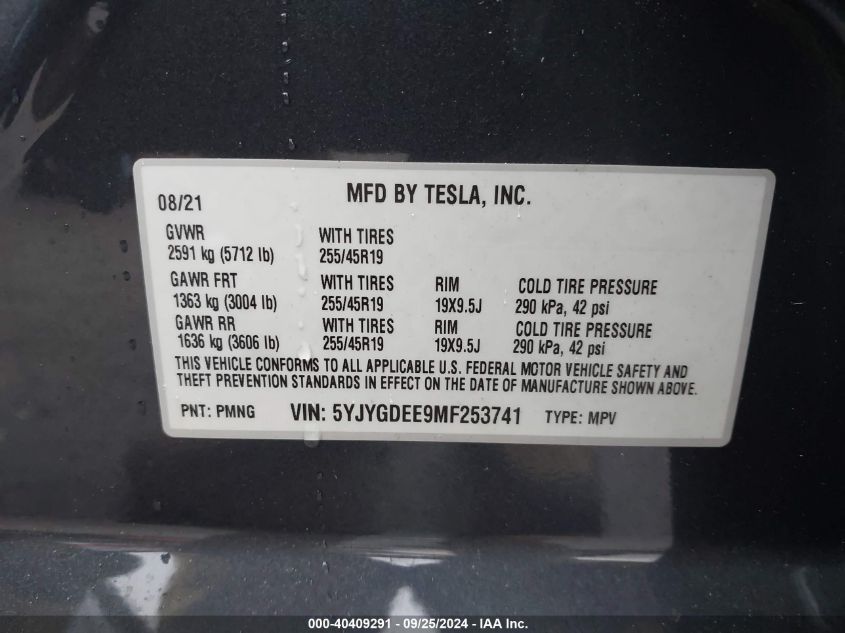 2021 Tesla Model Y VIN: 5YJYGDEE9MF253741 Lot: 40409291