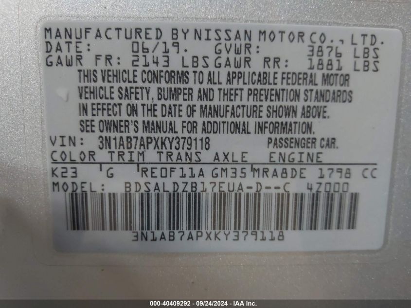 3N1AB7APXKY379118 2019 Nissan Sentra Sv