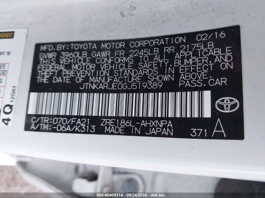 2016 Scion Im VIN: JTNKARJE0GJ519389 Lot: 40409314