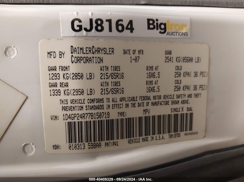 1D4GP24R77B150719 2007 Dodge Grand Caravan Se