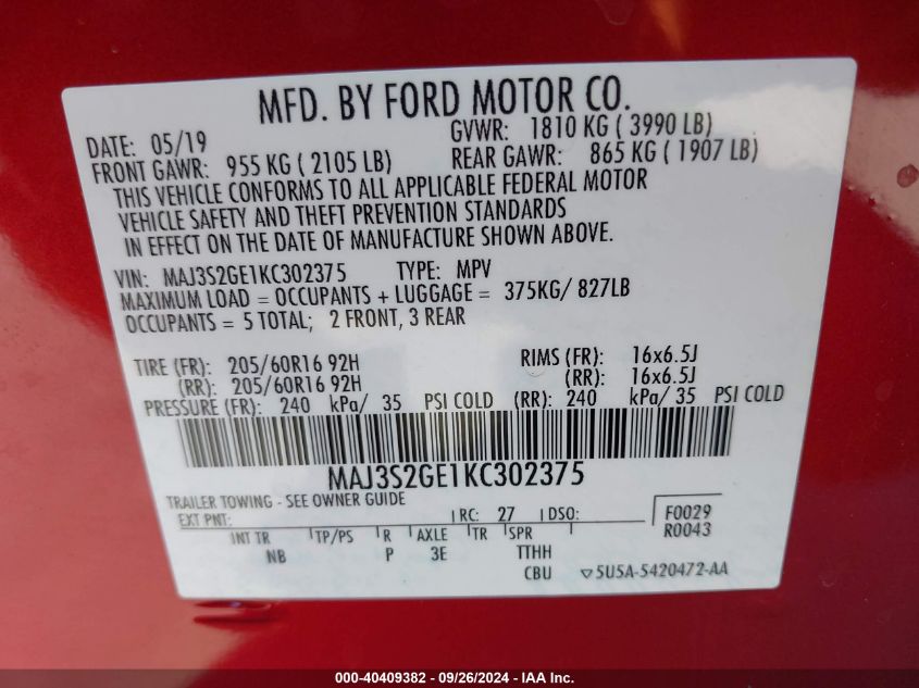 2019 Ford Ecosport Se VIN: MAJ3S2GE1KC302375 Lot: 40409382