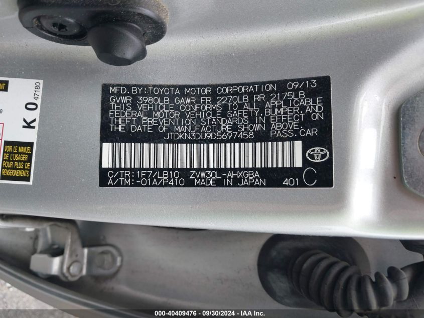 JTDKN3DU9D5697458 2013 Toyota Prius Five