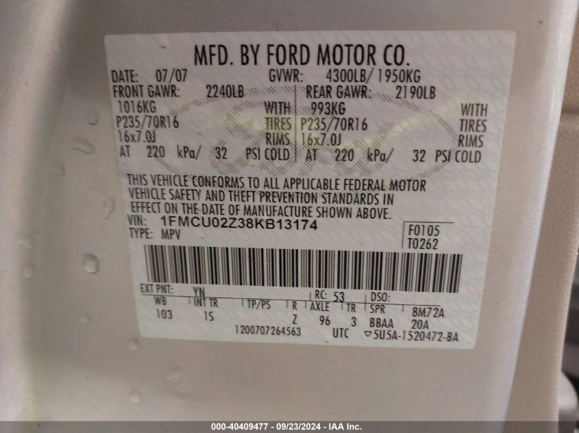 1FMCU02Z38KB13174 2008 Ford Escape Xls/Xls Manual