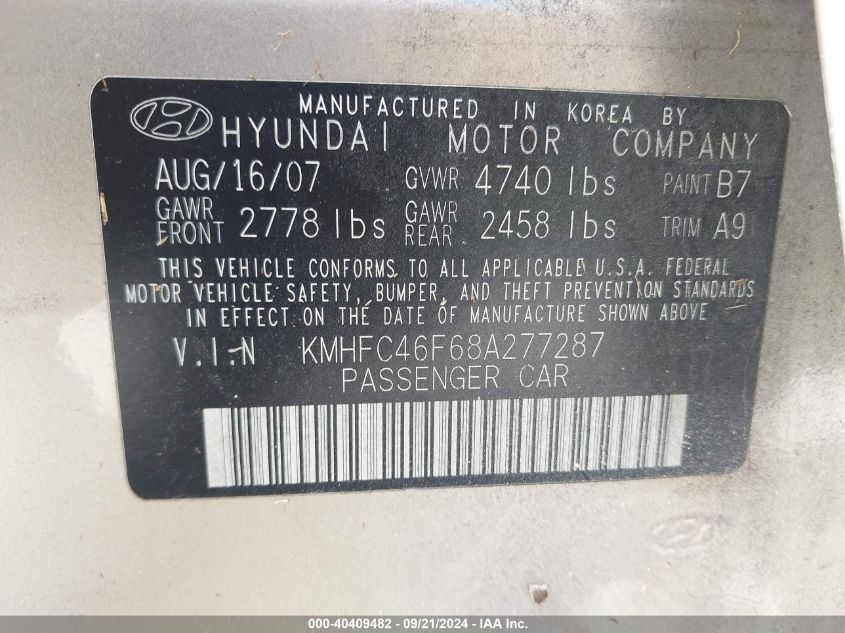 KMHFC46F68A277287 2008 Hyundai Azera Limited