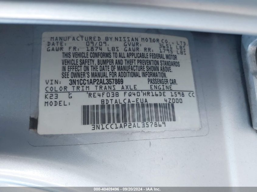 3N1CC1AP2AL357869 2010 Nissan Versa 1.6