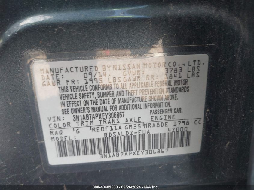 2014 Nissan Sentra Sv VIN: 3N1AB7APXEY306867 Lot: 40409500