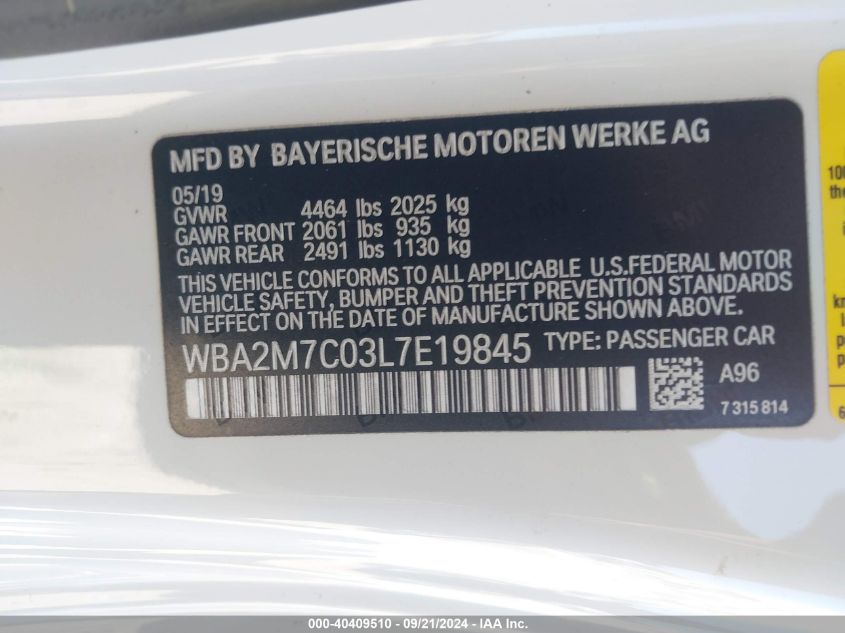 2020 BMW 230I VIN: WBA2M7C03L7E19845 Lot: 40409510