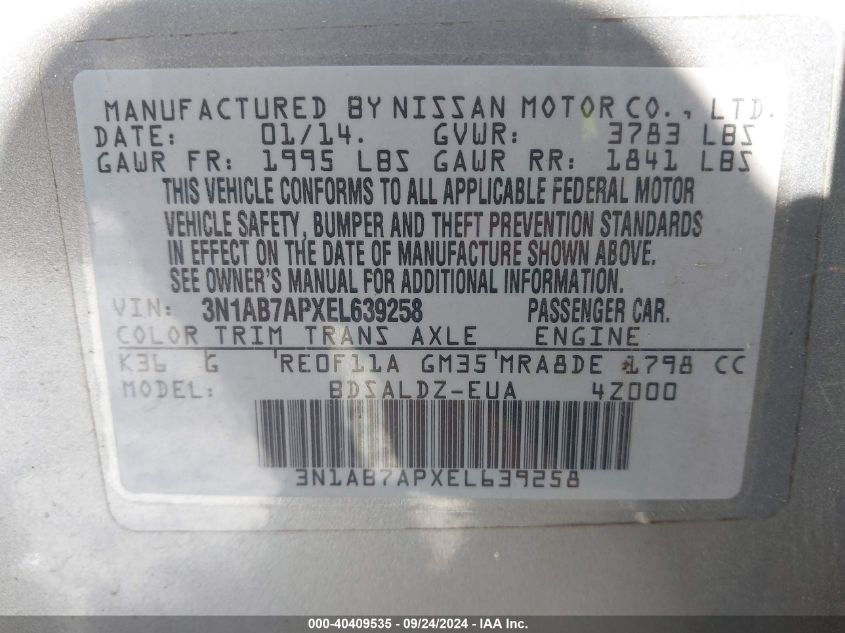 3N1AB7APXEL639258 2014 Nissan Sentra Fe+ S/Fe+ Sv/S/Sl/Sr/Sv