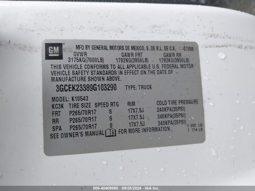 3GCEK23389G103290 2009 Chevrolet Silverado 1500 Lt