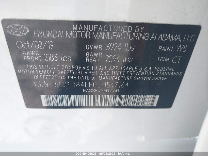 2020 Hyundai Elantra Sel VIN: 5NPD84LF0LH547164 Lot: 40409629