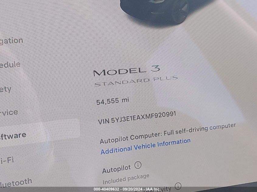 2021 Tesla Model 3 Standard Range Plus Rear-Wheel Drive VIN: 5YJ3E1EAXMF920991 Lot: 40409632