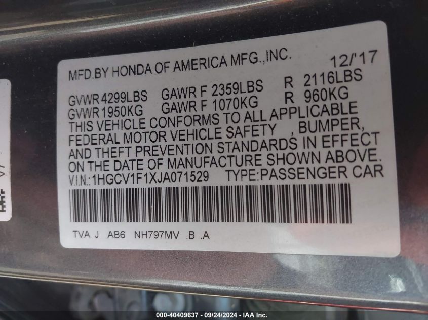 VIN 1HGCV1F1XJA071529 2018 Honda Accord, LX no.9