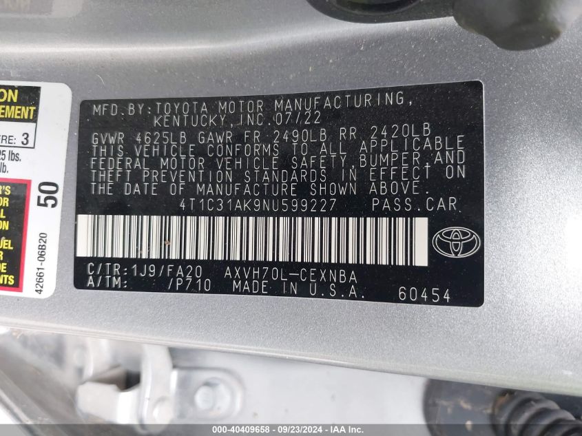 4T1C31AK9NU599227 2022 Toyota Camry Le Hybrid