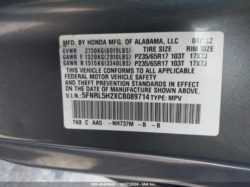 2012 Honda Odyssey Lx VIN: 5FNRL5H2XCB089714 Lot: 40409667