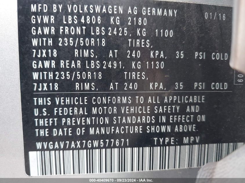 2016 Volkswagen Tiguan Se VIN: WVGAV7AX7GW577671 Lot: 40409670