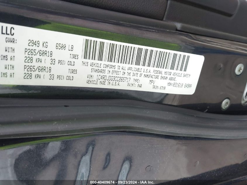 2012 Dodge Durango Crew VIN: 1C4RDJDG3CC265717 Lot: 40409674