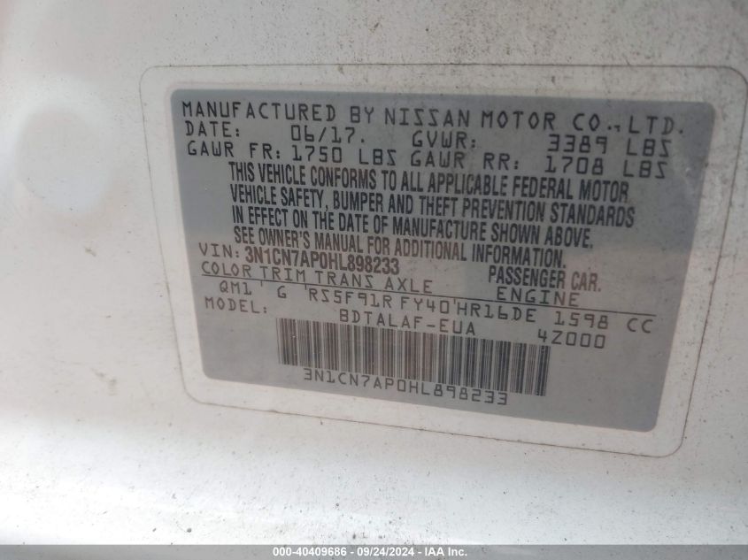 3N1CN7AP0HL898233 2017 Nissan Versa S/S Plus/Sv/Sl