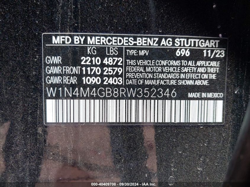 2024 Mercedes-Benz Glb 250 VIN: W1N4M4GB8RW352346 Lot: 40409708