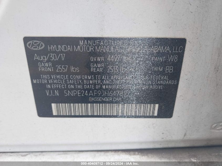 5NPE24AF9JH647897 2018 Hyundai Sonata Se