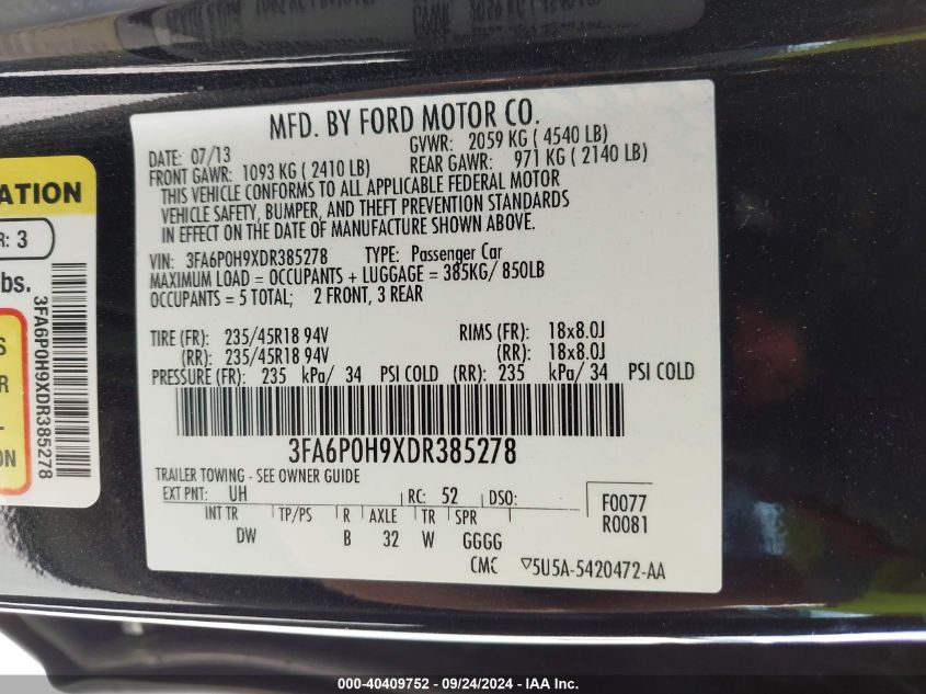 2013 Ford Fusion Se VIN: 3FA6P0H9XDR385278 Lot: 40409752