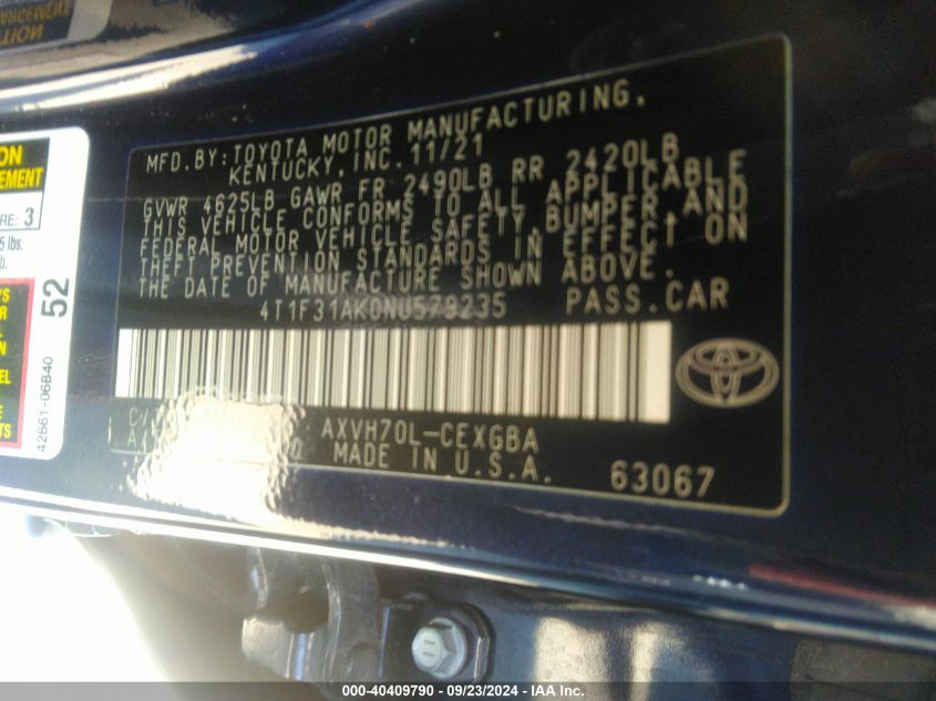 4T1F31AK0NU579235 2022 Toyota Camry Xle