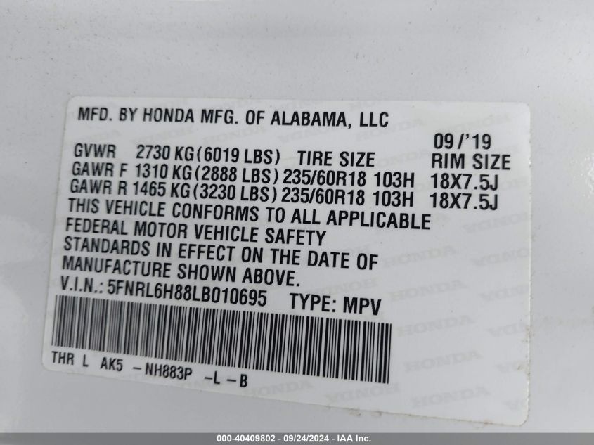 2020 Honda Odyssey Touring VIN: 5FNRL6H88LB010695 Lot: 40409802