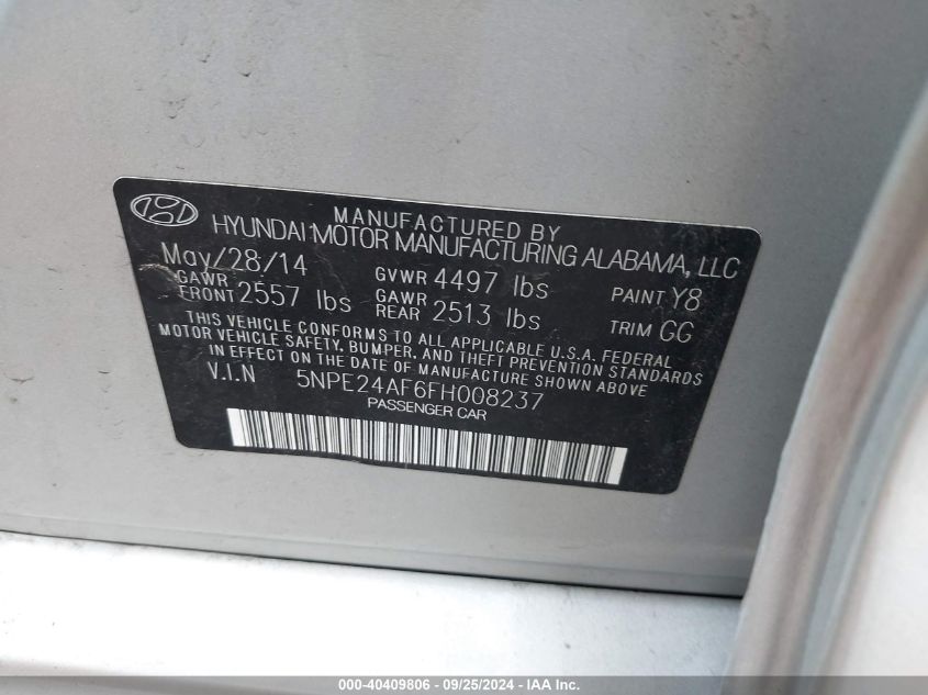 5NPE24AF6FH008237 2015 Hyundai Sonata Se