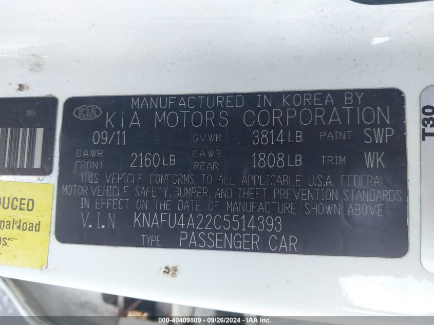 KNAFU4A22C5514393 2012 Kia Forte Ex