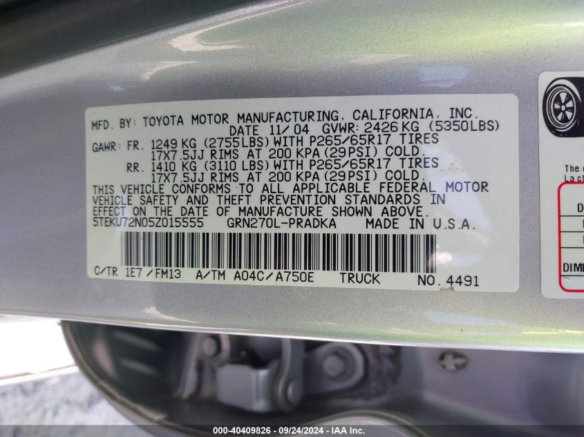 2005 Toyota Tacoma Prerunner V6 VIN: 5TEKU72N05Z015555 Lot: 40409826