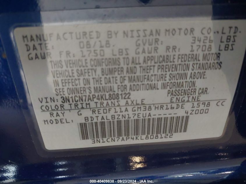 3N1CN7AP4KL808122 2019 Nissan Versa S/S Plus/Sv