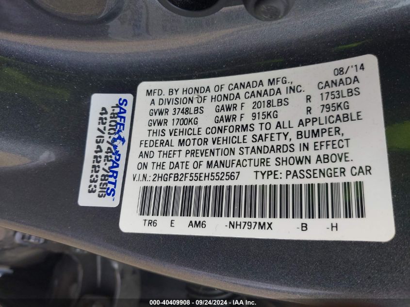 2HGFB2F55EH552567 2014 Honda Civic Lx