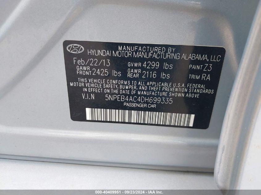 5NPEB4AC4DH699335 2013 Hyundai Sonata Gls